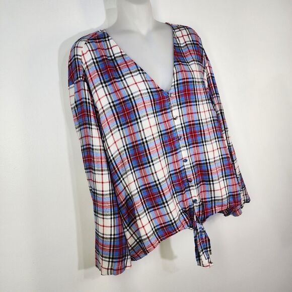 Lane Bryant Womens Top Size 14 Classic Button Down Tie Hem Plaid Long Sleeve Red - Picture 4 of 12